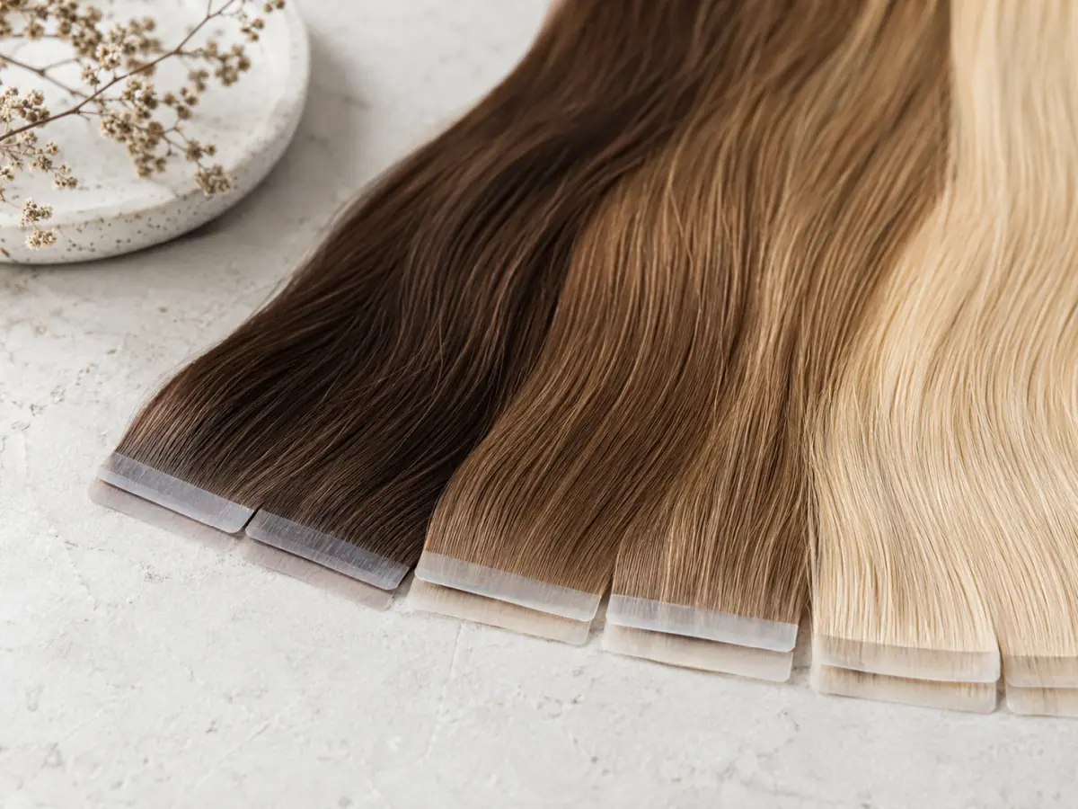 Tape extensions i äkta hår med platta tejpfästen från Sach & Vogue Sweden